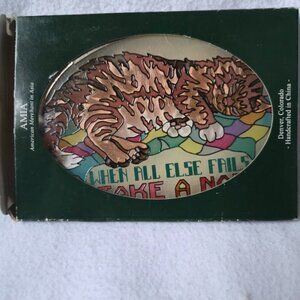 VTG AMIA Cat Suncatcher "When All Else Fails Take a Nap" Hand Painted Glass NIB